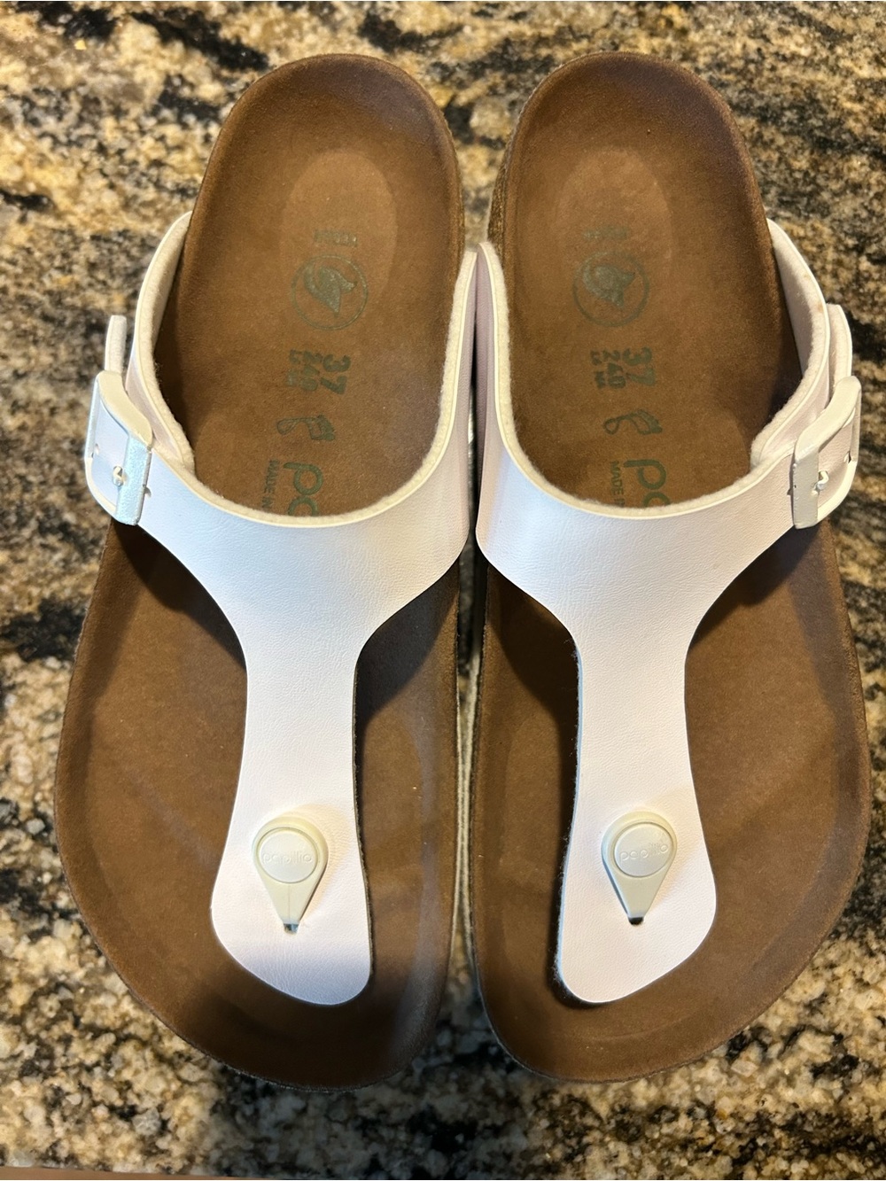 Papillio White Leather Thong Sandals with Buckle made by Birkenstock.